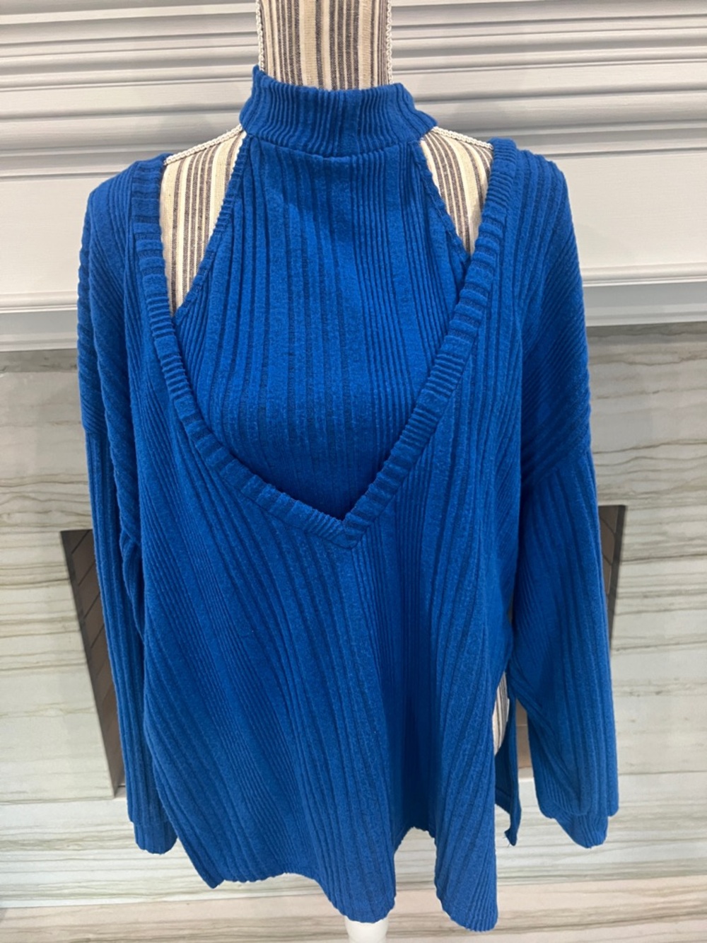 Blue Ribbed Cutout Sweater Top - Women